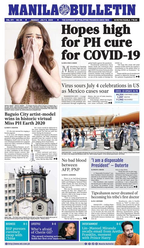 This page includes a list of most popular newspapers in the philippines ranked by the 2019 4imn.com web ranking. Manila Bulletin-July 6, 2020 Newspaper - Get your Digital Subscription