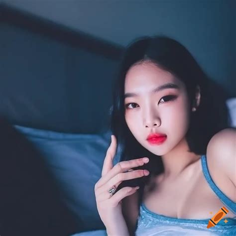 cute asian girl in sleepwear sitting on bed with natural skin and light pink lips on craiyon