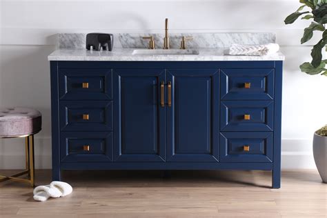 H bath vanity in navy blue with carrara marble vanity top in white with white sink. Berkeley 60", Cobalt Blue Bathroom Vanity — The Vanity Store Inc.