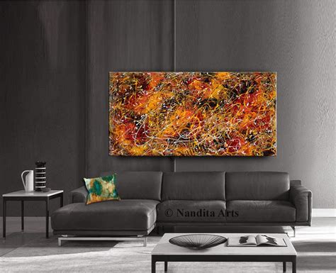 Gold Office Decor Jackson Pollock Look Abstract Art Large Etsy