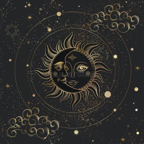 Bohemian Hand Drawing Golden Engraving Stylization Sun And Crescent