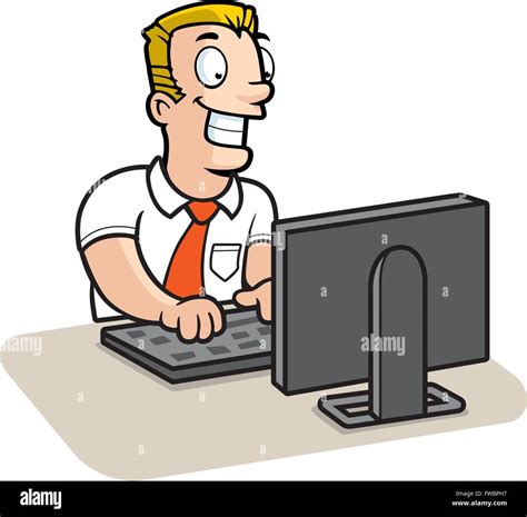 A Happy Cartoon Man Using A Computer Stock Vector Image And Art Alamy