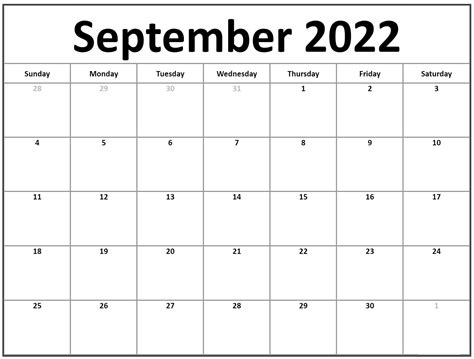 2022 September Calendar Template Calendar Dream