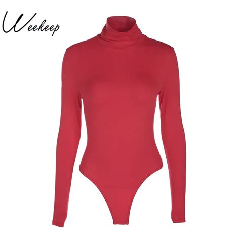 weekeep long sleeve sexy female slim bodysuits winter red turtleneck skinny jumpsuits for women