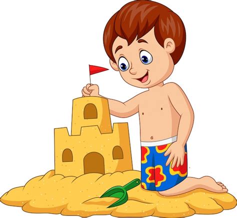 Niño feliz de dibujos animados haciendo castillo de arena Vector Premium