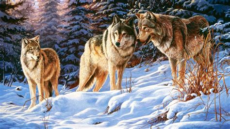 Art Oil Painting Drawing Winter Wood Wolves Small Talk