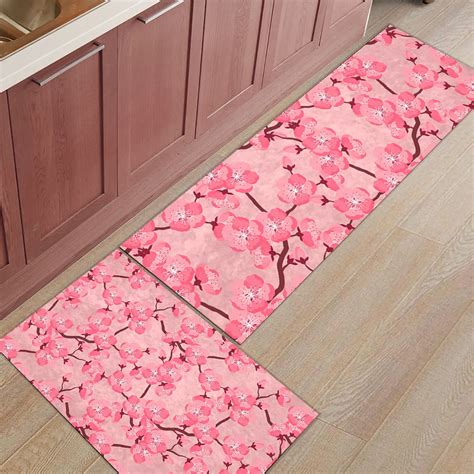 2pcsset Flower Japan Cherry Blossoms Long Kitchen Mat Bath Carpet
