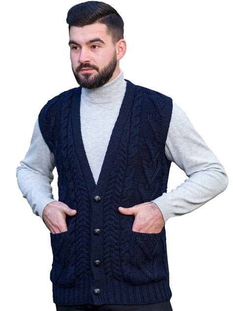 Saol Saol Buttoned V Neck Sweater Vest 100 Merino Wool Cable Knitted Irish Blue Sleeveless