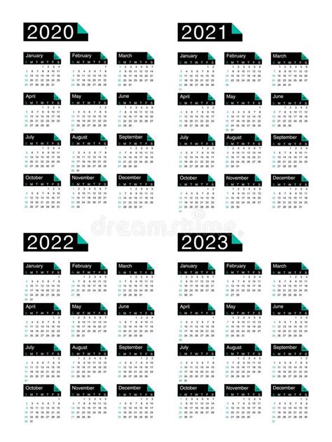 Calendar 2020 2021 2022 And 2023 Week Starts On Sunday Stock Vector