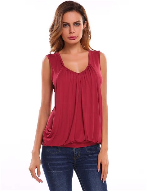 V Neck Sleeveless Solid Front Pleated Tank Top Tops Fashion Casual