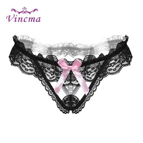 Womens Open Crotch Lace Bow Hollow Sexy Panties Thongs And G Strings With Pearl Women Erotic