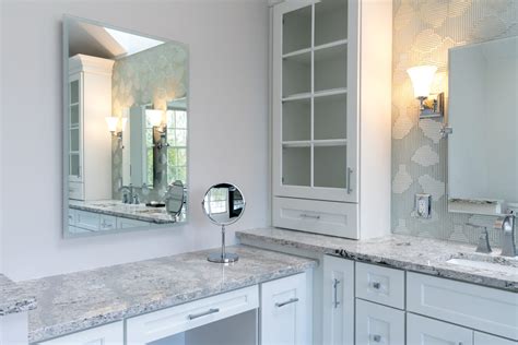 L Shaped Vanity In A Black And White Master Bath Dura Supreme Cabinetry