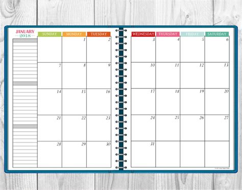 Printable Multi Color 2018 Monthly Calendar Two Page Spread Etsy