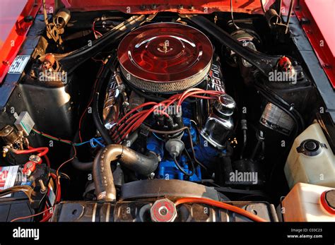 Detailed View Of A Classic Car Engine Bay Of A Ford Mustang