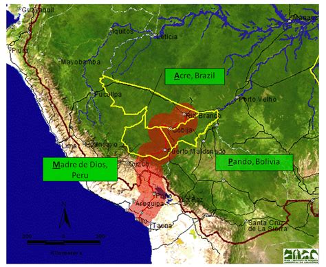 Map Of Madre De Dios Peru Acre Brazil And Pando Bolivia Map
