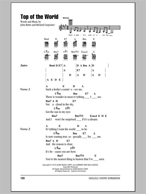 Top Of The World Sheet Music The Carpenters Ukulele Chordslyrics