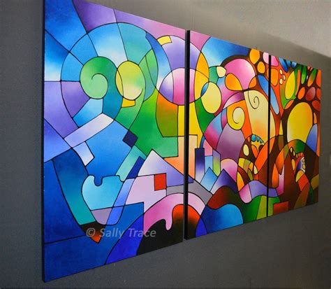 Daydream Original Abstract Geometric Landscape Triptych Painting Com
