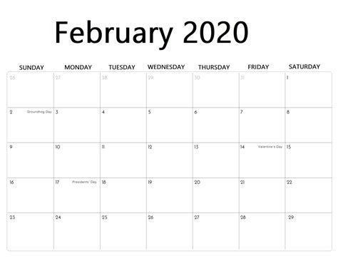 February 2020 Calendar Blank Printable Pages Template Calendar School