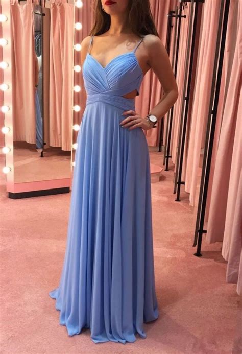 Blue Chiffon A Line Long Prom Dress Backless Evening Dress Light Blue