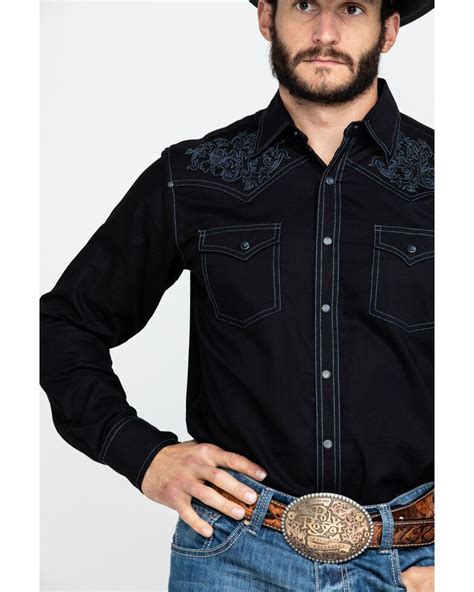 Rock 47 By Wrangler Mens Black Solid Embroidered Long Sleeve Western