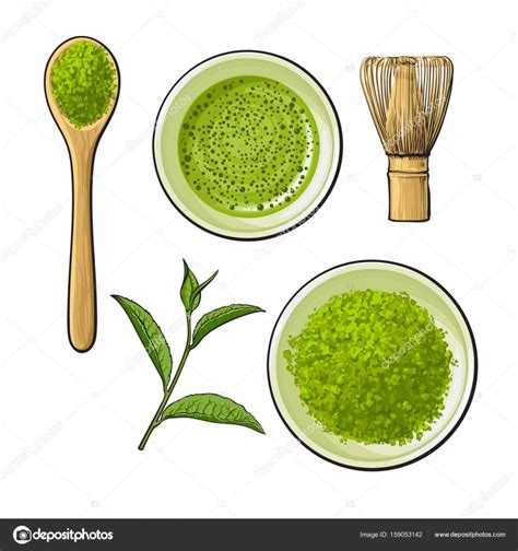 Matcha Powder Bowl Wooden Spoon And Whisk Green Tea Leaf Stock Vector