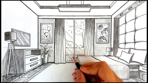 Video standard printable step by step. Drawing A Bedroom in One Point Perspective | Timelapse ...
