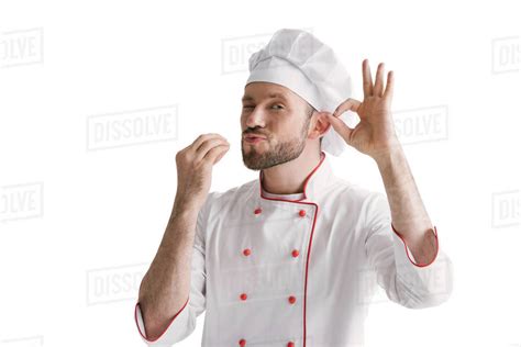 Handsome Chef Showing Okay Sign Isolated On White Stock Photo Dissolve