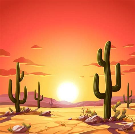 Vector Illustration Of A Desert Landscape With Saguaro Cactus At