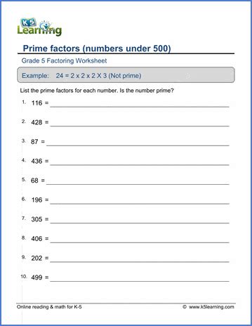 Grade 5 math worksheet - Factoring: prime factors (numbers under 500