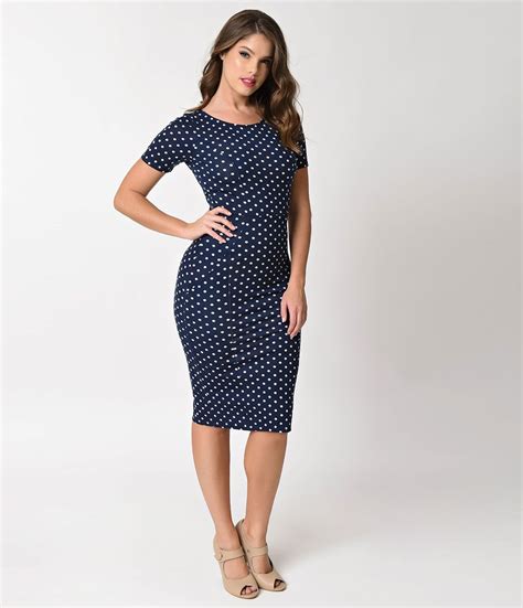unique vintage plus size 1960s navy and ivory dotted stretch mod wiggle dress 1960s fashion