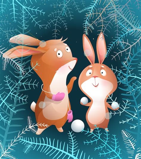 Premium Vector Two Rabbits Or Bunny Playing With Show In Christmas