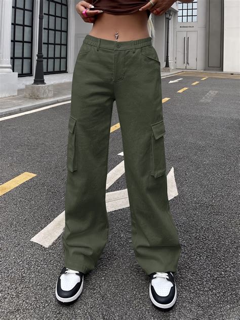Shein Icon Flap Pocket Side Cargo Pants Cargo Pants Outfit Cargo Pants Women Green Cargo