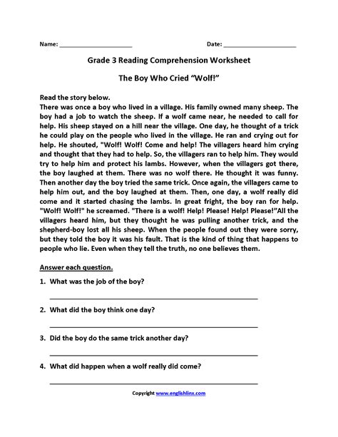 Free Printable 3rd Grade Reading Worksheets Free Printable