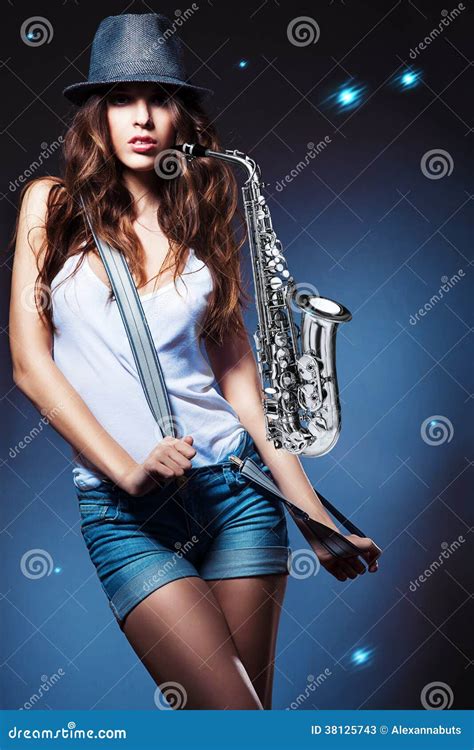 attractive woman with saxophone stock image image of music casual 38125743