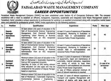 Faisalabad Waste Management Company FWMC Jobs 2022 Faisalabad Waste