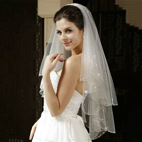 White Or Ivory Short Wedding Veil With Crystal Edge With Comb 2 Beaded
