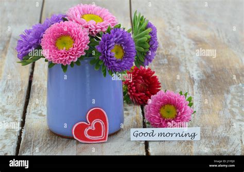 Good Morning Card With Colorful Daisy Flowers In Blue Vase And Red