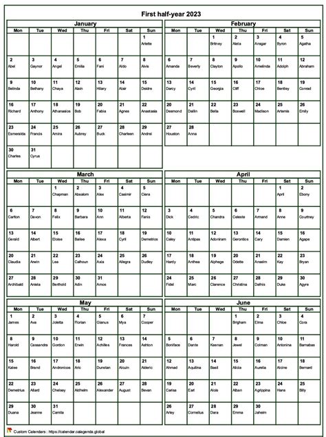 Calendar 2023 To Print Half Year Format Portrait