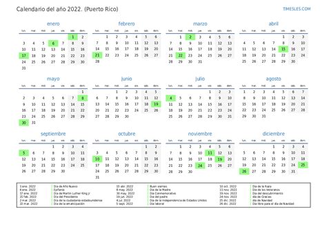 Calendario 2022 Con Días Festivos En Puerto Rico Imprimir Y Descargar