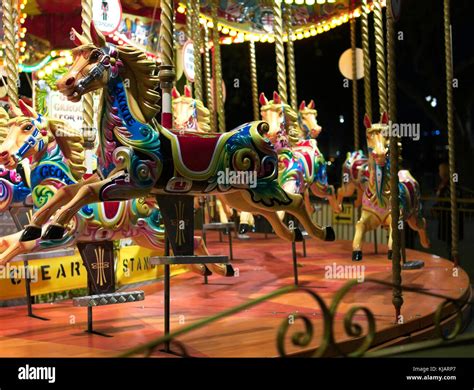 Colorful Vintage Carousel Merry Go Round Lit Up At Night On The South