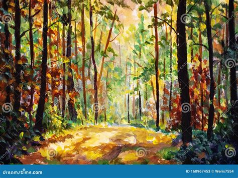 Oil Painting Sunny Autumn Forest Stock Image Image Of Woodland