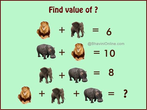 Shake the brain algebra problems brain teasers maths puzzles puzzles puzzles for teens math equations picture puzzle. Fun Math Riddle: Lion + Elephant + Hippo ...