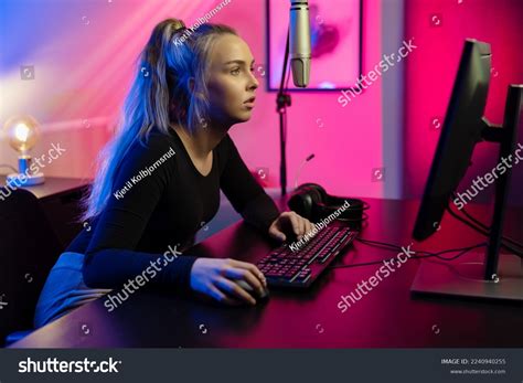 Focused Blonde Esport Gamer Girl Headset Stock Photo 2240940255