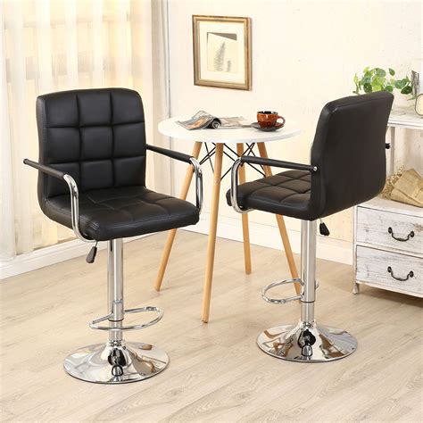 2pcs Pu Leather Adjustable Height Swivel Bar Stool Black With Arms