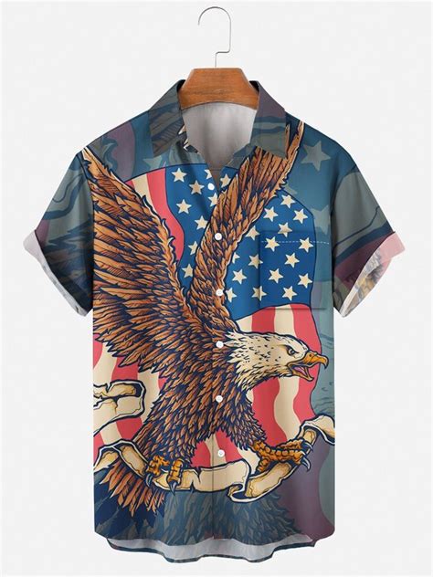 Mens Independence Day American Flag Eagle Print Casual Lapel Pocket