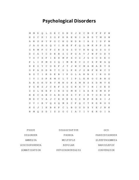Psychological Disorders Word Search