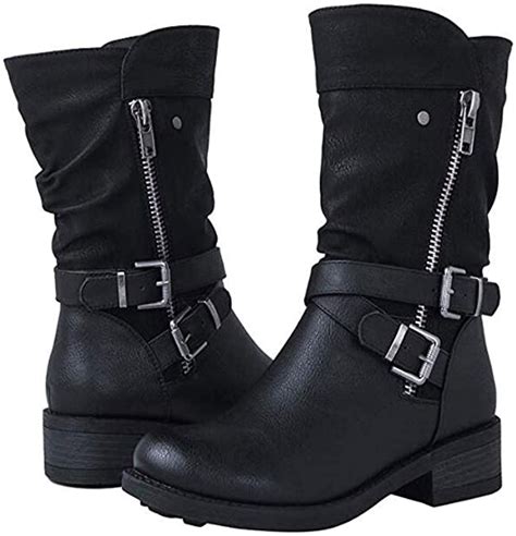 Burfly Womens Fashion Wide Calf Biker Boots Leather Mid Calf Boots