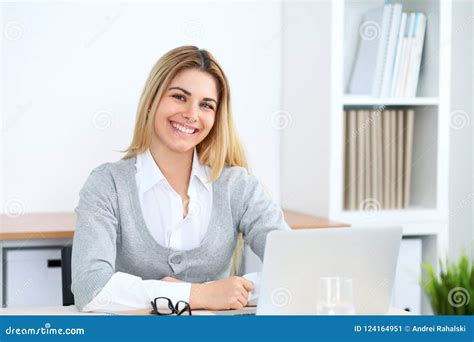Young Business Woman Or Student Girl Working At Office Workplace With