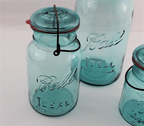 Vintage Set Of S Blue Ball Mason Canning Jars With Glass Lids