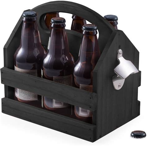 Black Solid Wood Wooden 6 Pack Beer Bottle Holder Caddy